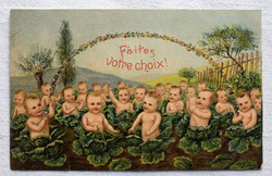 Antik dombornyomott francia üdvözlő litho képeslap babák káposztában