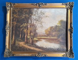 Forest path c. Oil painting in a blond frame