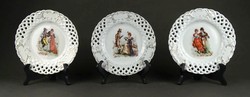 1H831 antique showcase pierced ornate porcelain plate 3 pieces