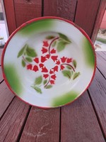 Zománcos zománcozott  Budafoki virágos zöld piros  mintás tányér dísznek dekornak Nosztalgia