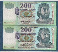 200 Forint 2002 FA jelű Sorszám követő pár EF+