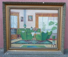 Festmény zöld szobabelső, enteriőr 1956-ból jelzett