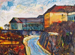 József Monos (1932-2013): road in the castle of Buda - oil on canvas, picture gallery, framed