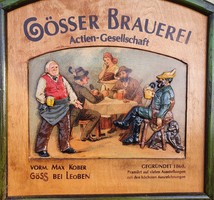 Domborműves festett fa Gösser reklámtábla. "Vadászok megpihentek a kocsmában" 54x55 cm