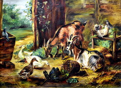 1912 Angol festő : KECSKÉK AZ ÓLBAN BAROMFIAKKAL