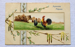 Antik dombornyomott francia Húsvéti üdvözlő képeslap kakas tyúk barka