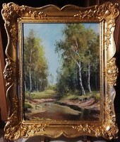 László Szabó - forest detail (40 x 50, oil, fabulous gilded blonde frame)