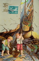 Antik dombornyomott  üdvözlő képeslap aranyat bányászó gyerekek