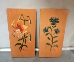 2 pieces of vintage floral wall decoration painted on wood
