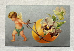 Antik ezüst hátterű Húsvéti üdvözlő képeslap angyalka árvácska tojásban