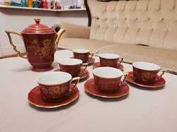 Zsolnay mokkás kávés csészék kannával, aranymintás, manófüles (6 csésze, 6 csészealj, 1 kanna)