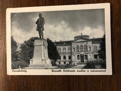 Old postcard. Szombathely. Statue of Boldizsár Horváth with the museum. Written in black and white.