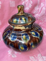 Ceramic container with lid with flowed glaze