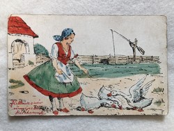 Antik rajzos, kézzel színezett képeslap