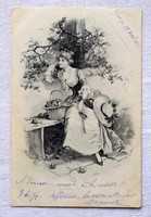 Antik Raphael Tuck romantikus képeslap   hölgy almás kosárral