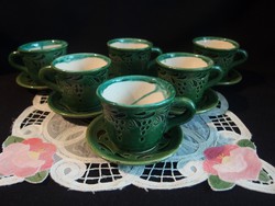 Mezőtúri zöld kerámia kávés készlet 6-6 csésze és tálka