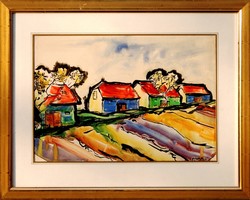 Adam: roadside house row - watercolor, framed