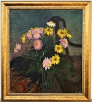 Ágost Benkhard (1882 - 1961) Flower Still Life Painting 95x85cm Original with Guarantee!