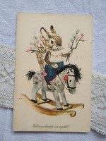 Old graphic easter postcard, rocking horse, bunny, catkin fine art publishing house 1958