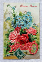 Antik francia dombornyomott Újévi  üdvözlő képeslap rózsa talicska