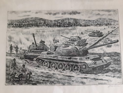 Béla Gönczi: crossing - original marked etching (tanks, tanks, war scene)