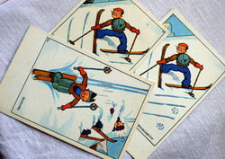 Old humorous graphic postcard with skiing 3 pieces