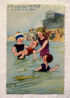 Old humorous graphic postcard on beach