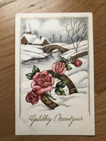 Antik Újévi képeslap, patkó, rózsa