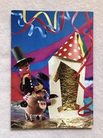 Régi Újévi képeslap, postatiszta - Bábterv: Foky Ottó