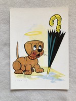 Régi postatiszta képeslap, Kutyus, esernyő