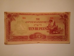 Extra szép 10 Rúpia 1942 Japánl  !!  Hajtatlan ! Eltolódott  nyomat bankjegy !! Ritka így !!!