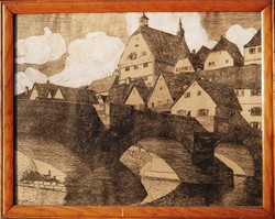Karl stief: old town bridge with people (1902, besigheim) - Art Nouveau unique drawing, original frame