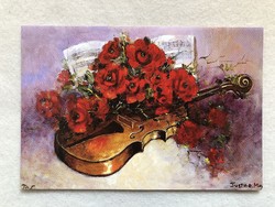 " Csendélet " képeslap, Virág, hegedű - postatiszta