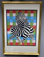 Vasarely screen print - zebras on the chessboard (52 x 62cm)