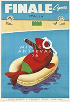 Art deco italian holiday poster, funny fish swimsuit sunglasses sea boat cigar 1950s reprint