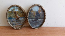2 db szép miniatűr antik hajós festmény 14x10 cm kerettel