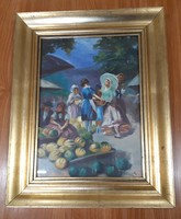 Piac jelenet, olaj festmény pár egyik eleme, aranyozott keretben, szignóval