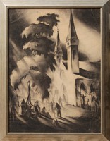 Joseph Balla (1910-1991): evening in front of the church, 1944 - large, unique graphics, framed