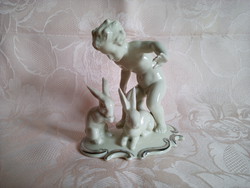 Rare old schaubach kunst snow white porcelain putto with two bunnies