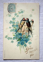 Antik dombornyomott üdvözlő képeslap fecskék nefelejcs