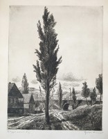 Etching of Gross Arnold (1929-2015) Landscape of Nagymaros (circa 1960) / 38x29 cm /