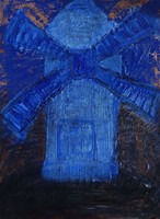 Szabó Kata:"blue mill"oil painting, material wood fiber, 40 x 30 cm, nice gold wooden frame, signed