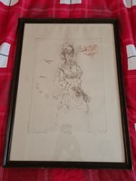 Aladár Almásy (1946-) - old florist girl etching with frame 28/100
