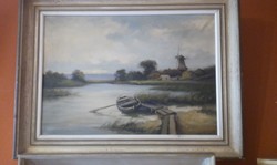 Von Elchee Lug. Lakeside with Windmill. Oil on Canvas Painting