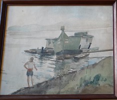 Bánszki Tamás: Szegedi Bőgőhajó a Tiszán- Akvarell festmény 32 x 39 cm.