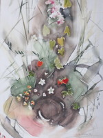 Erzsébet M. Zsombori: still life with strawberries, marked silk watercolor