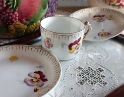 Pansy patterned antique mocha cup and 2 bowls, collectible
