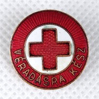 1H937 Régi tűzzománc vöröskereszt kitűző VÉRADÁSRA KÉSZ felirattal