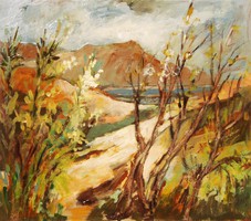 Contemporary German Artist: Road to Paradise (2000, Halkidiki) - Greek Landscape with Mount Athos, Framed