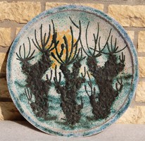 Katalin M. Kiss (1941): floodplain trees with sundials - 35 cm chamotte decorative plate